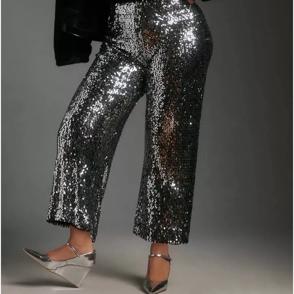 Anthropologie size 32 Maeve Collette black sequin wide leg cropped pants